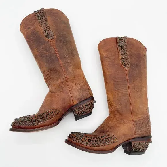 Lucchese Women’s 9 Brown Mad Dog Stud Wingtip Distressed Western Cowgirl Boots - Picture 4 of 12